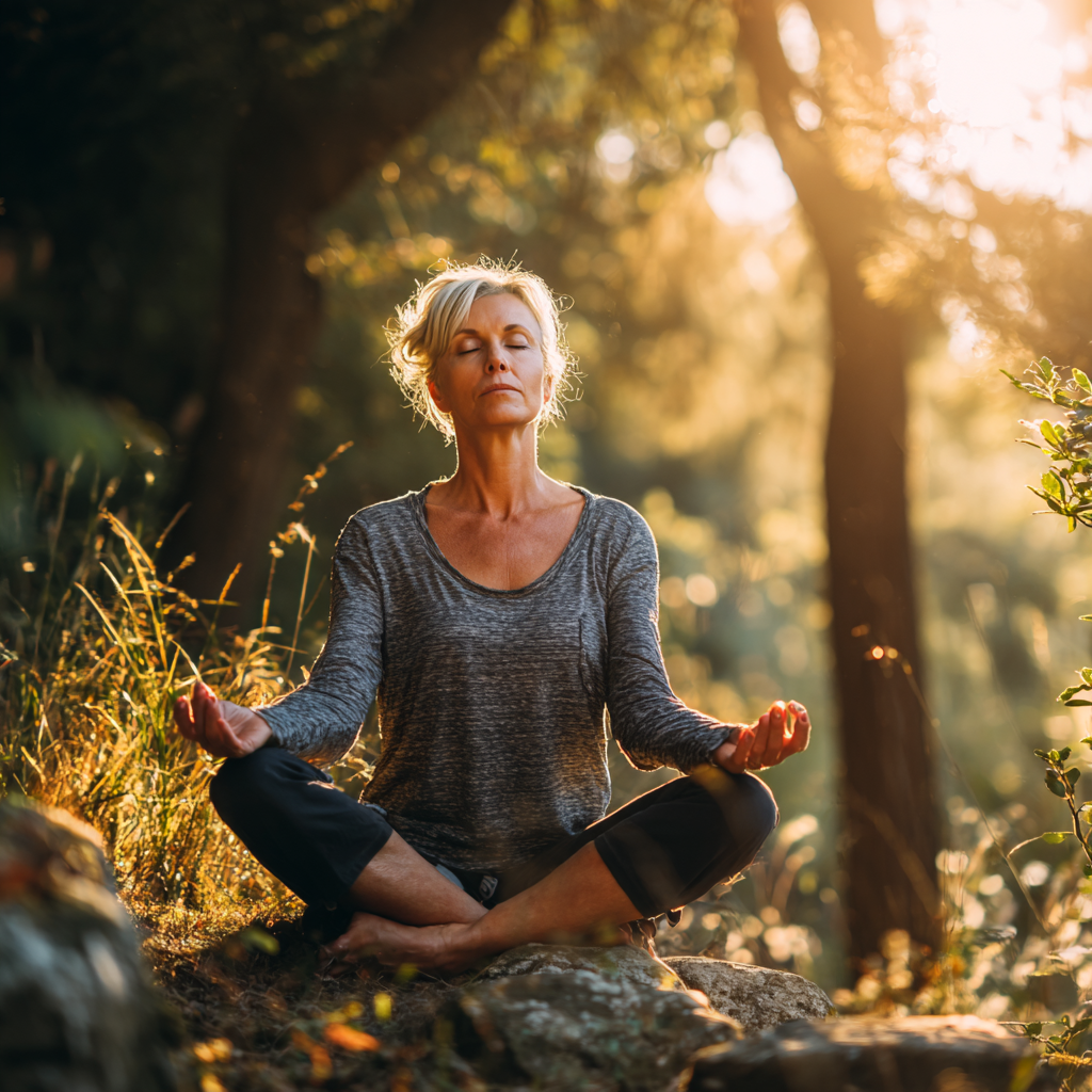 middle-aged person experiencing peaceful yoga practice in natural environment